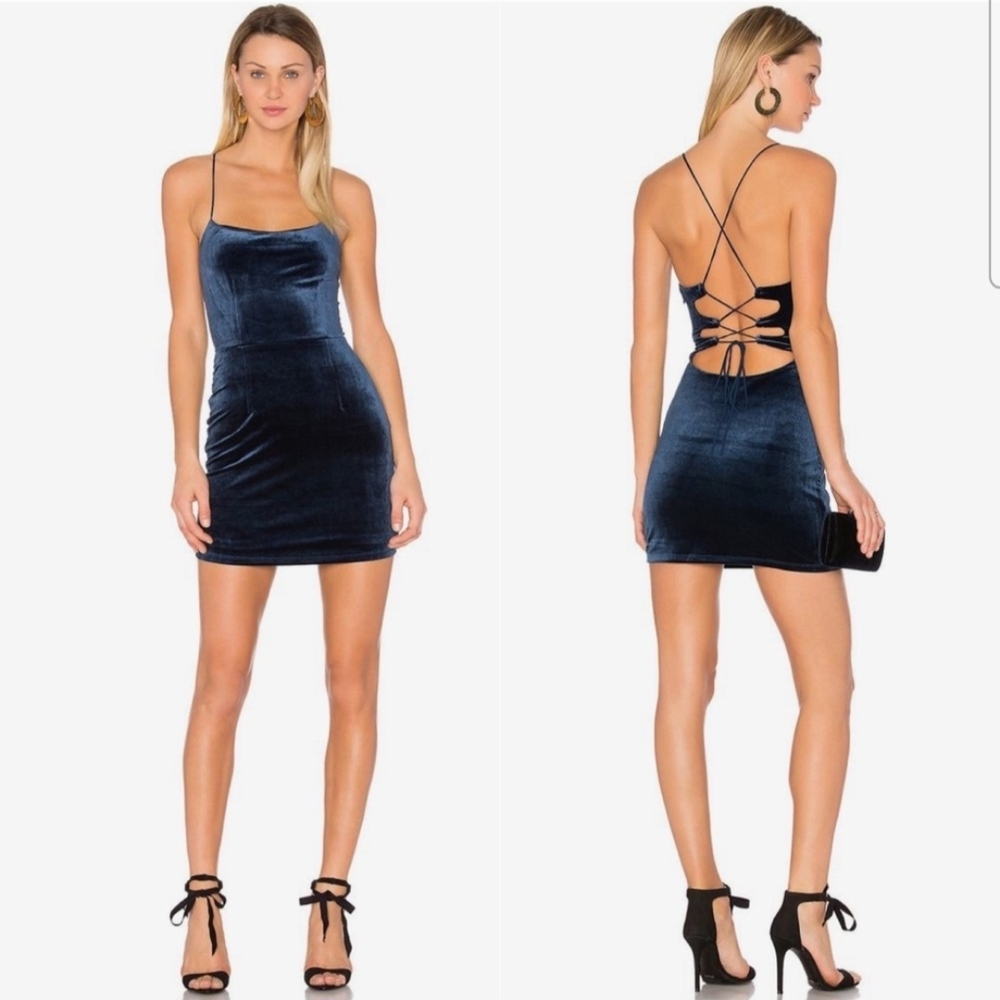NBD Navy Blue Velvet Lace-Up Back Mini Dress